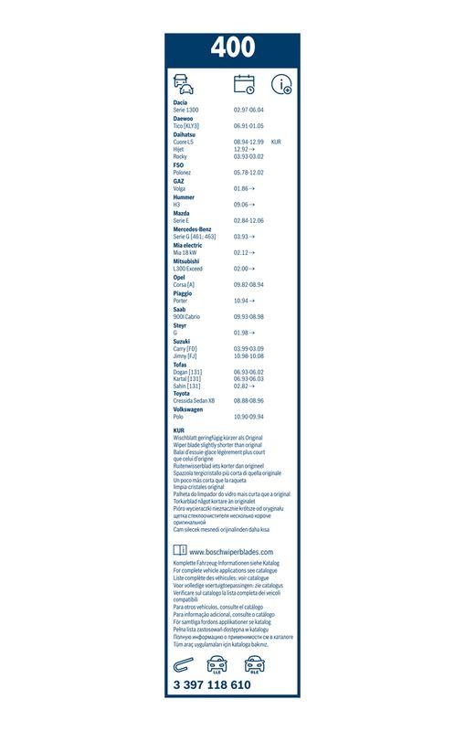 B-Ware BOSCH 3 397 118 610 Wischblatt 400 Twin Scheibenwischer 400/400 mm vorne