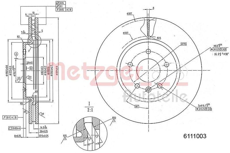 METZGER 6111003 Bremsscheibe Lack/Ks f&uuml;r OPEL/VAUXHALL VA links/rechts
