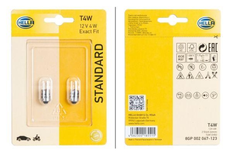 HELLA 8GP 002 067-123 Glühleuchte 12V T4W BA9s