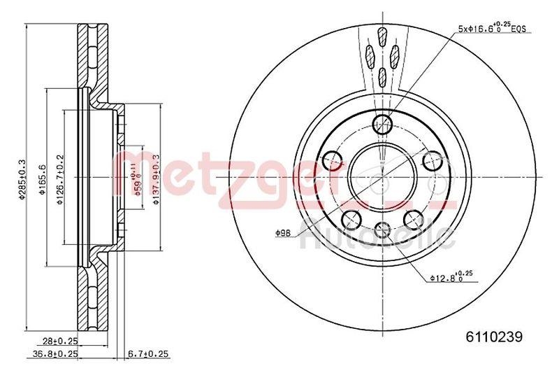 METZGER 6110239 Bremsscheibe Lack/Ks f&uuml;r CITROEN/FIAT/LANCIA/PEUGEOT VA