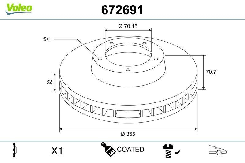 VALEO 672691 COATED BRAKE DISC X1 TESLA MODEL S FR
