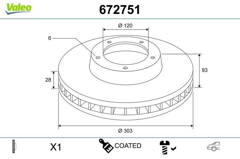 VALEO 672751 COATED BRAKE DISC X1 VW CRAFTER RR