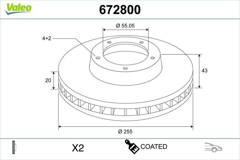 VALEO 672800 COATED BRAKE DISC X2 TOYOTA YARIS FR