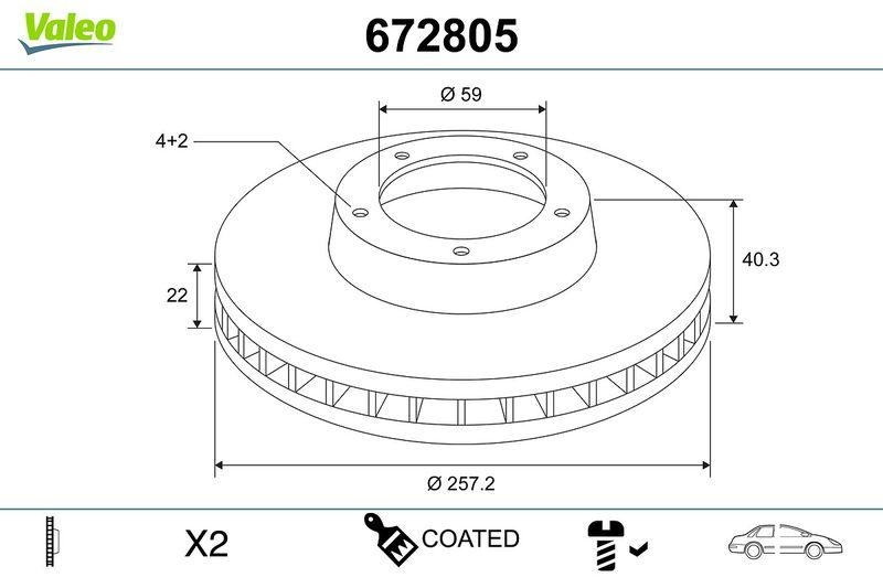 VALEO 672805 COATED BRAKE DISC X2 LANCIA YPSILON FR