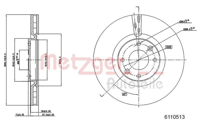 METZGER 6110513 Bremsscheibe Lack/Ks f&uuml;r PEUGEOT VA