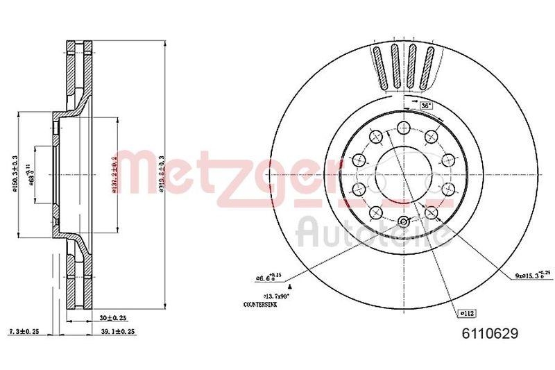 METZGER 6110629 Bremsscheibe Lack/Ks/Ms/Hc f&uuml;r AUDI VA