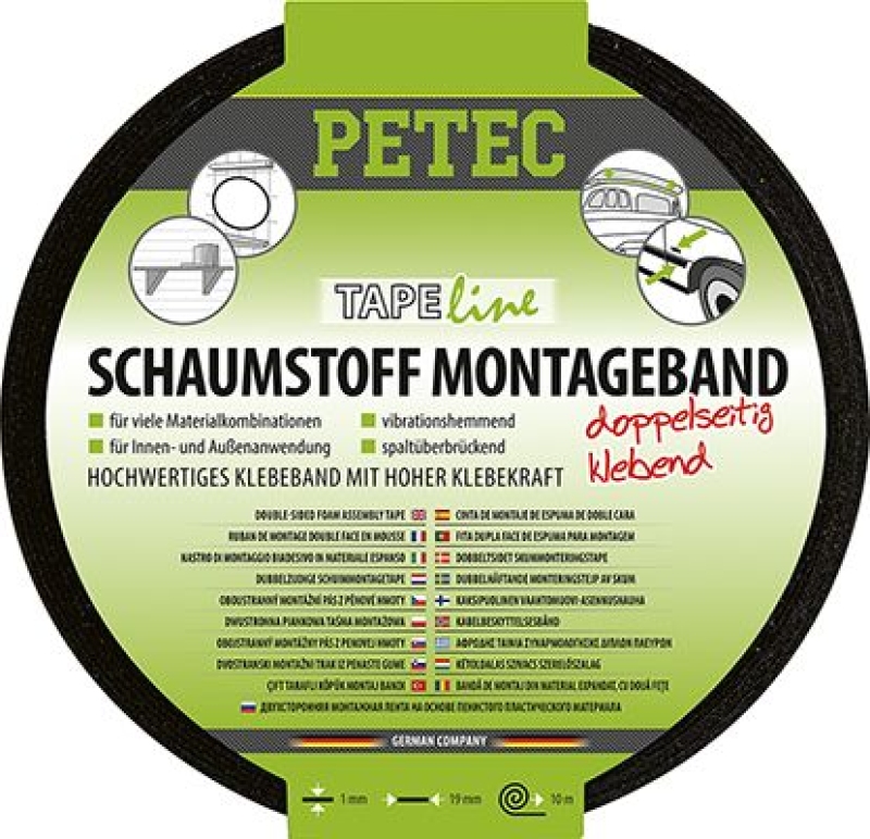 PETEC 87200 Klebeband Schaumstoff-Montageband schwarz 10 m x 19 mm x 1 mm