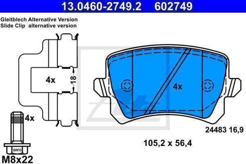 ATE 13.0460-2749.2 Belagsatz hinten f&uuml;r AUDI Q3 SEAT ALHAMBRA II VW PASSAT / PASSAT CC