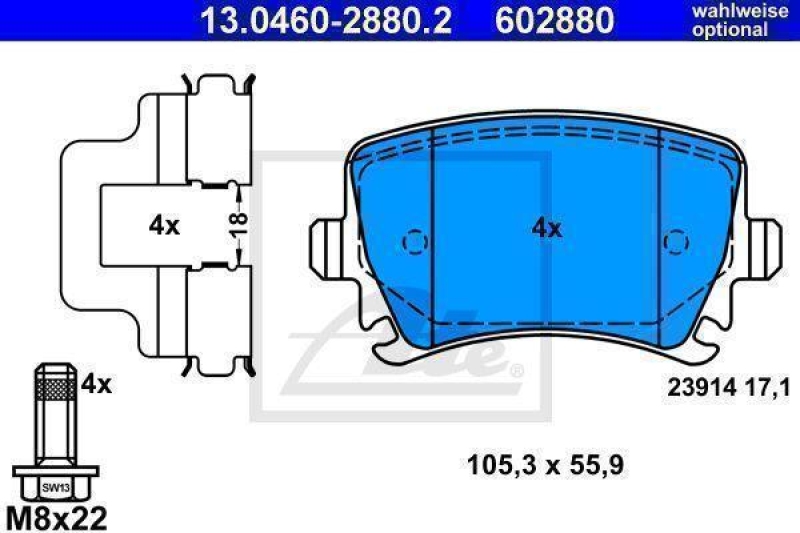 ATE 13.0460-2880.2 Belagsatz hinten f&uuml;r VW/AUDI A3/TOURAN/CADDY3