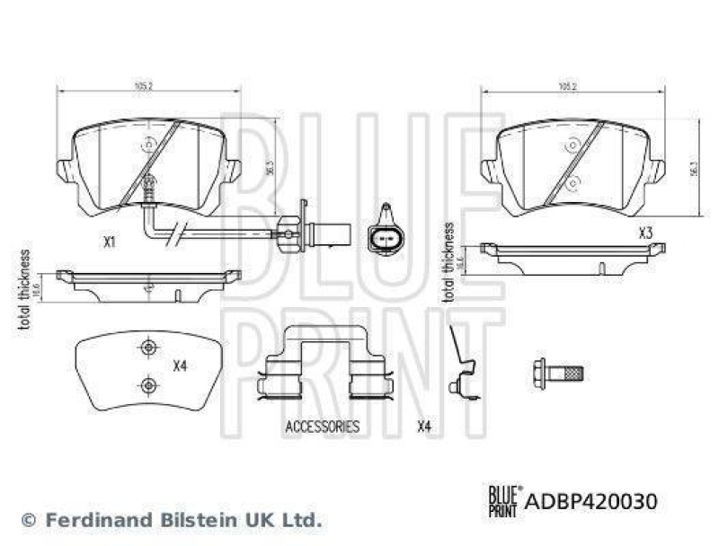 BLUE PRINT ADBP420030 Bremsbelagsatz mit Befestigungsmaterial für VW-Audi