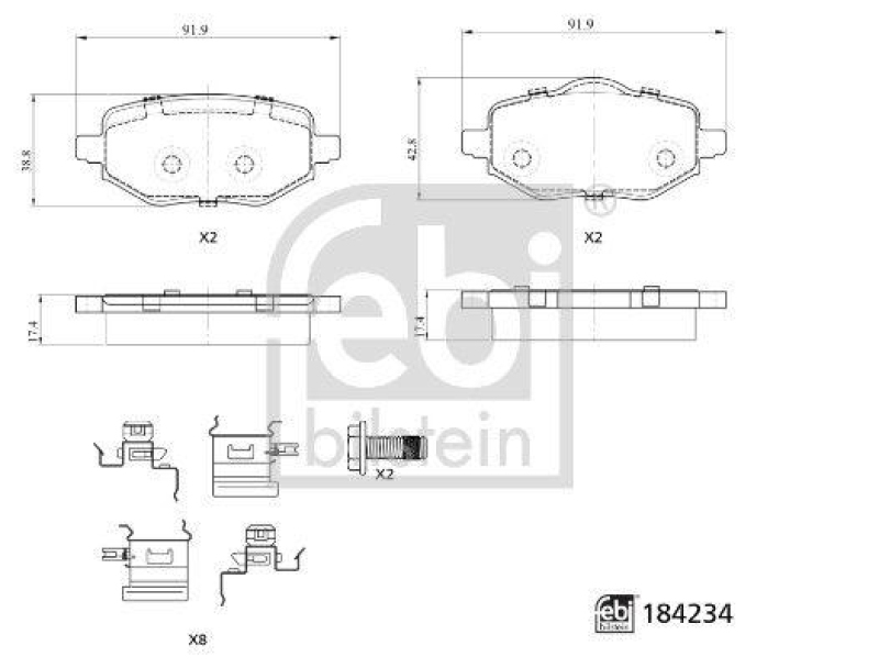 FEBI BILSTEIN 184234 Bremsbelagsatz mit Befestigungsmaterial f&uuml;r Peugeot