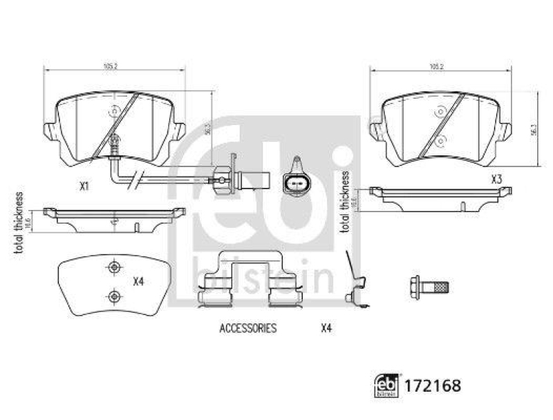 FEBI BILSTEIN 172168 Bremsbelagsatz mit Befestigungsmaterial f&uuml;r VW-Audi