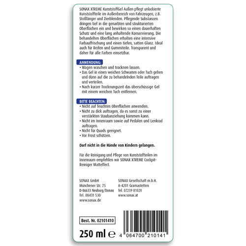 SONAX 02101410 XTREME Kunststoffgel Außen 250ml