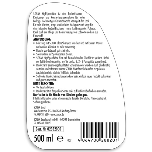 SONAX 02882000 Highspeedwax 500ml