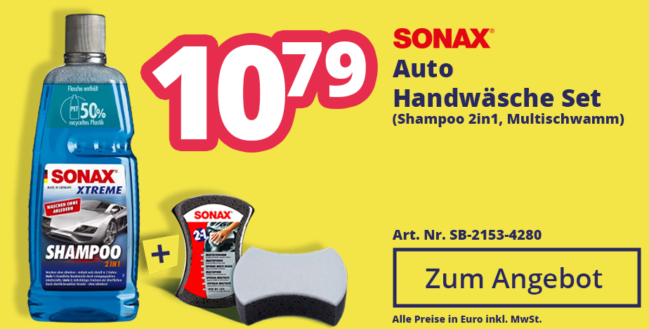 Zum Angebot SONAX Auto Handwäsche Set (Shampoo 2in1, Multischwamm) für 10,79 EURO