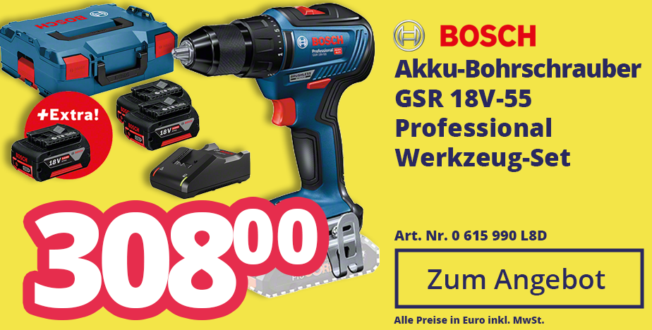 Zum Angebot Bosch 0 615 990 L8D Akku-Bohrschrauber GSR 18V-55 Professional Werkzeug-Set für 308,00 EURO